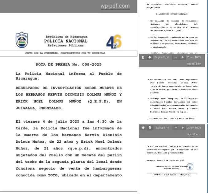 Comunicado de la Policía Nacional sobre la muerte de los hermanos Dolmus Muñoz.