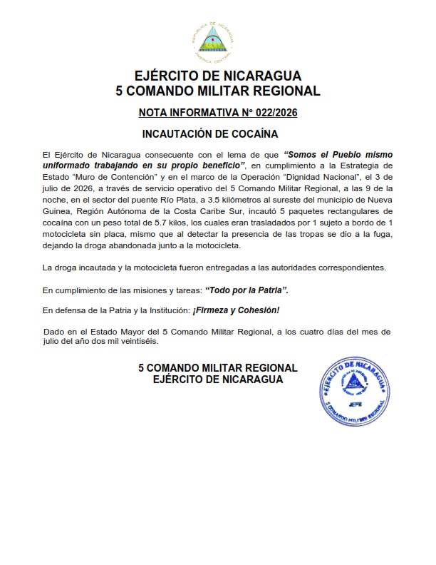 Nota de prensa del Quinto Comando Militar.